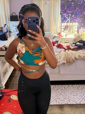 Macy's Teal Floral Wrap Tank with Orange & White Blooms